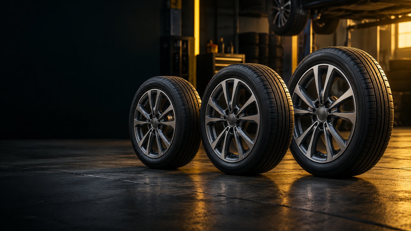 Três pneus de carro com rodas de diâmetros diferentes