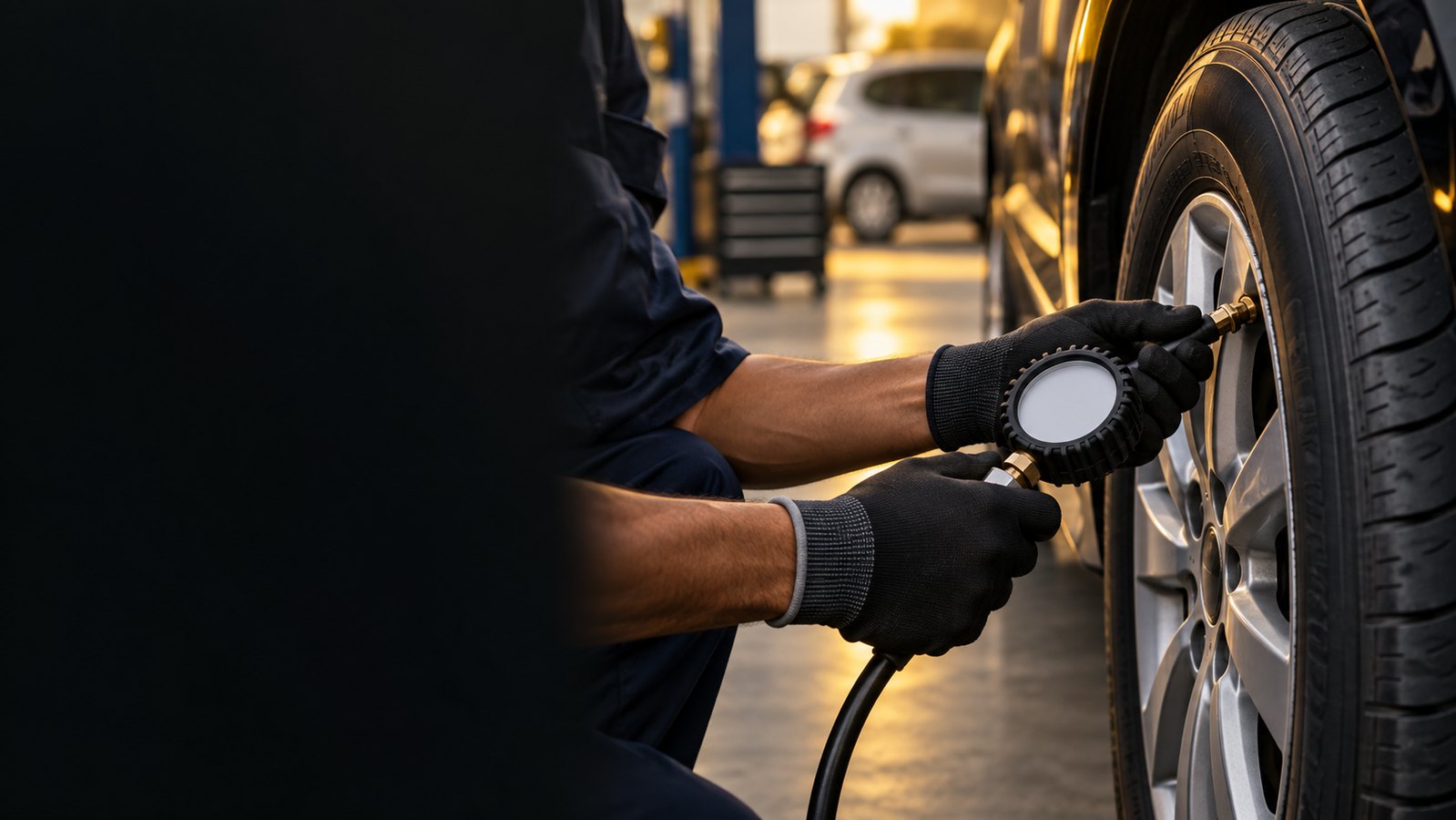 Técnico mede a pressão de um pneu de carro em oficina